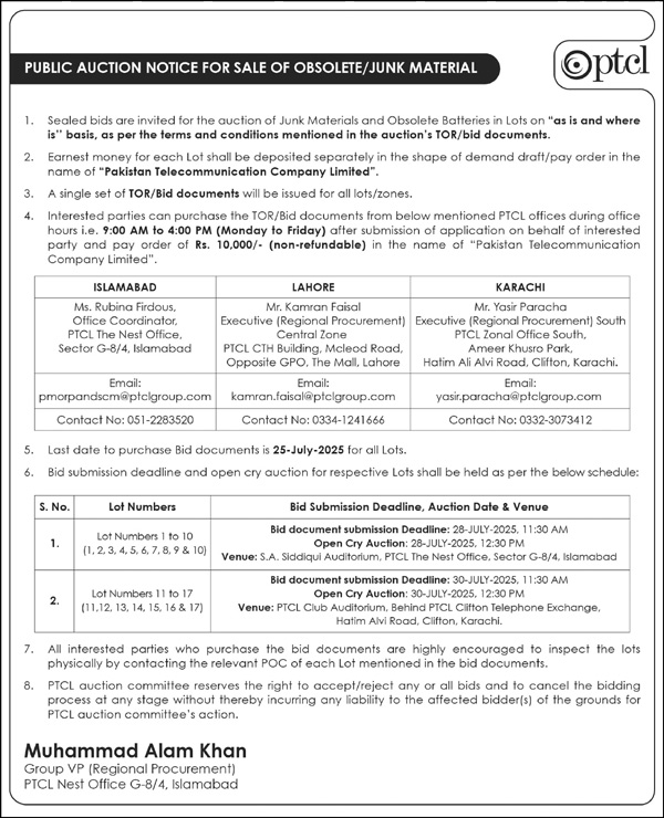 Pakistan Telecommunication Limited Islamabad Tender Notice